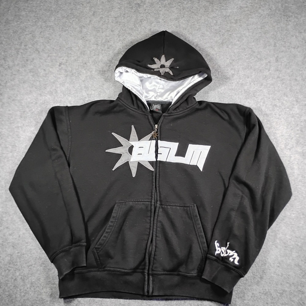 BSLM Mens Black Full Zip Star Logo Hoodie Satin Lined Y2K Streetwear XL